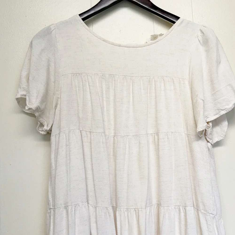 LOVERICHE Boho Ruffled Tiered Dress Oatmeal Short Sleeves Medium - Picture 2 of 6
